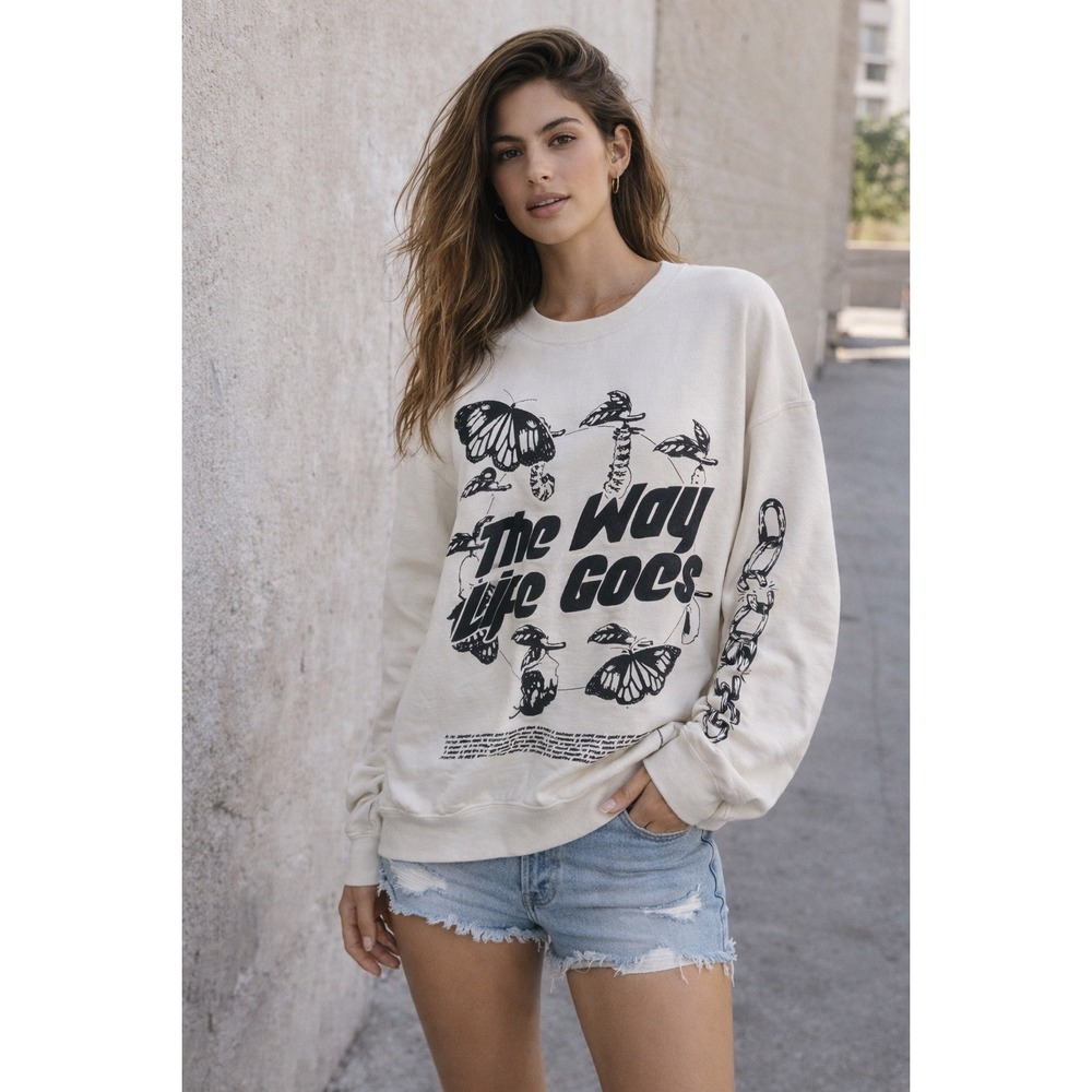 Pacsun The Way Life Goes Graphic Sweatshirt Cream XL Butterflies Chain‎